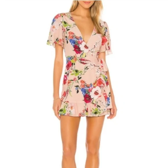 Privacy Please Finlay Mini Dress in Nude Amy Floral Size M Wrap Flounce Feminine - Picture 4 of 8
